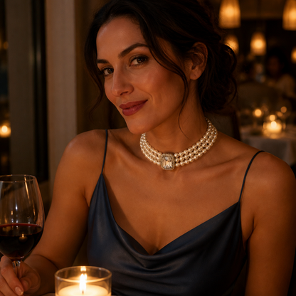 LumaVera™ – Classic Three-Strand Pearl Choker Featuring Crystal Centerpiece