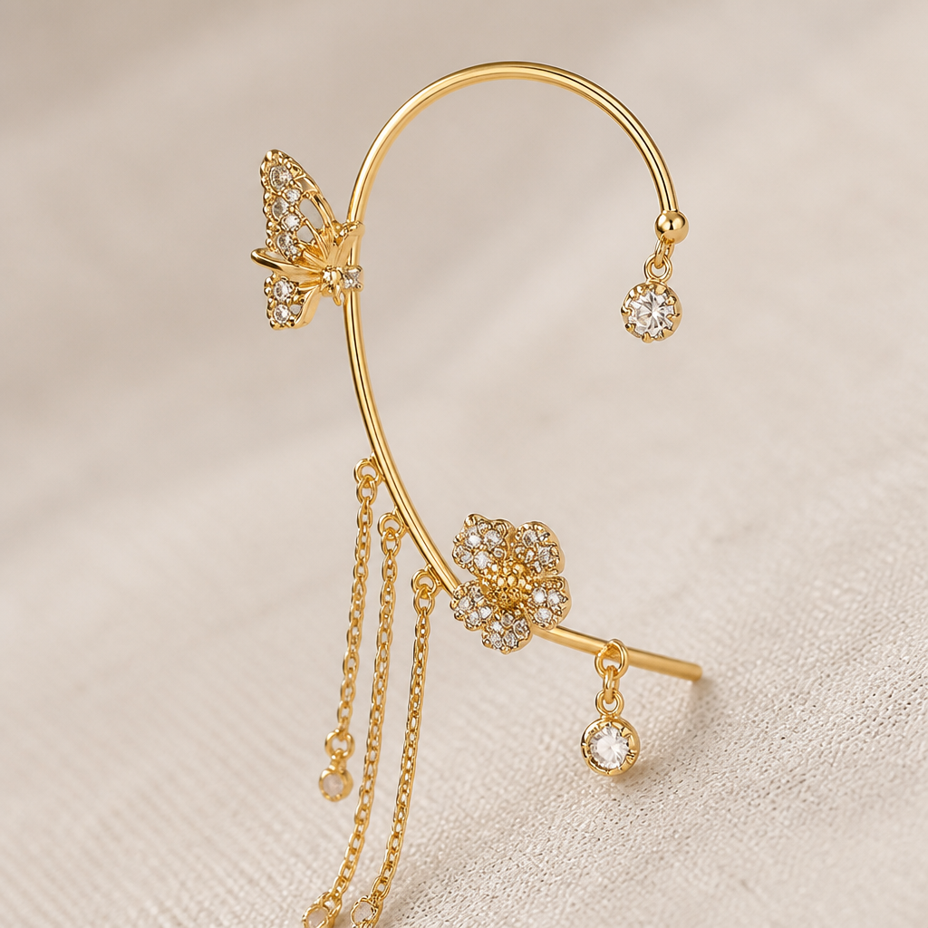 Luméline™ – Glittering Butterfly Ear Cuffs with Crystal Tassel Chains