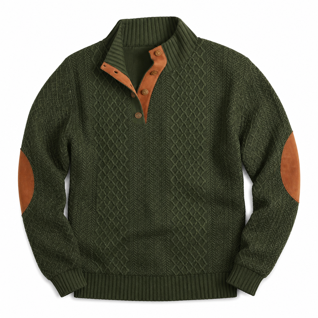 AtlasForge™ – Jacquard Textured Stand-Collar Sweater Featuring Elbow Patches