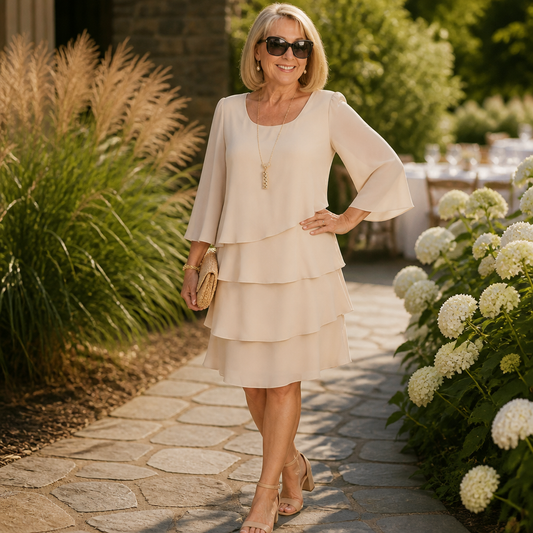 LumaBella™ – Graceful Layered Chiffon Dress with Flowing Bell Sleeves