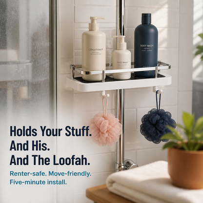 AquaNest™ — Snap a Single Adjustable Tray onto Your Shower Pipe, No Drilling
