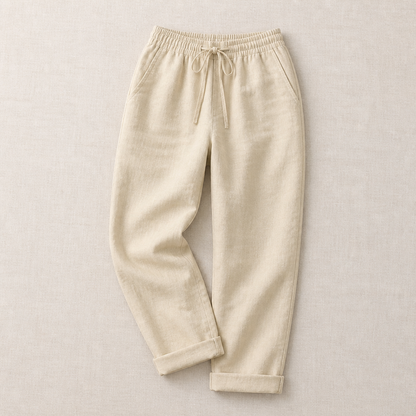 VelouraFlex™ – Airy Cotton-Linen Drawstring Pants with Tapered Cuffed Hem