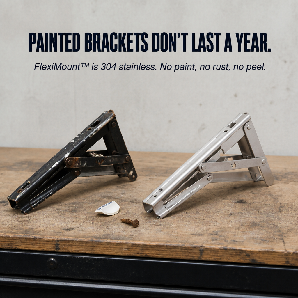 FlexiMount™ — Install Drop-Down Shelves Supporting 550 lbs That Fold Flat in Moments