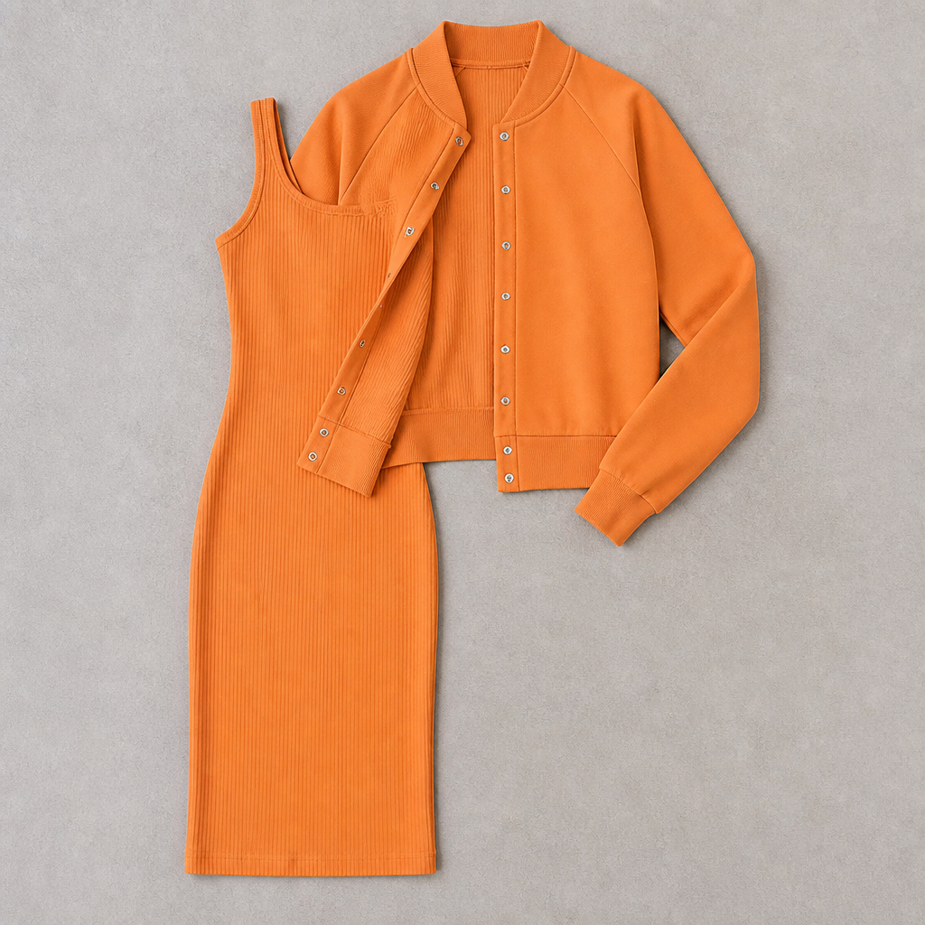 LunaCurve™ – Soft Knit Midi Bodycon Dress with Coordinated Cropped Jacket