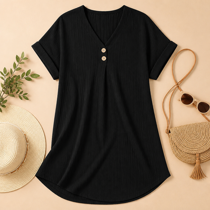 Veloria™ – Casual Ribbed V-Neck Shift Dress Featuring Button Detail