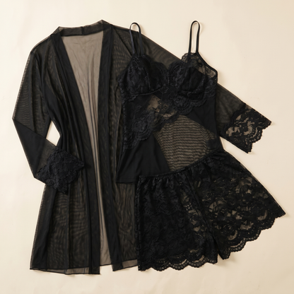 Enchantress™ – Delicate Floral Lace 3-Piece Lingerie Set with Sheer Mesh Robe