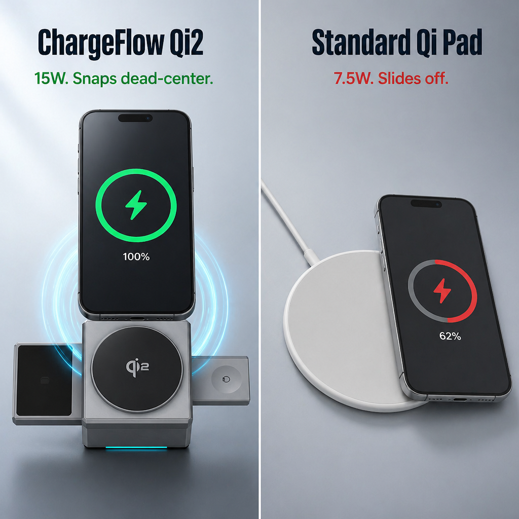 ChargeFlow™ — Clip Your iPhone, Watch & Headsets Onto Single Foldable Qi2 Stand