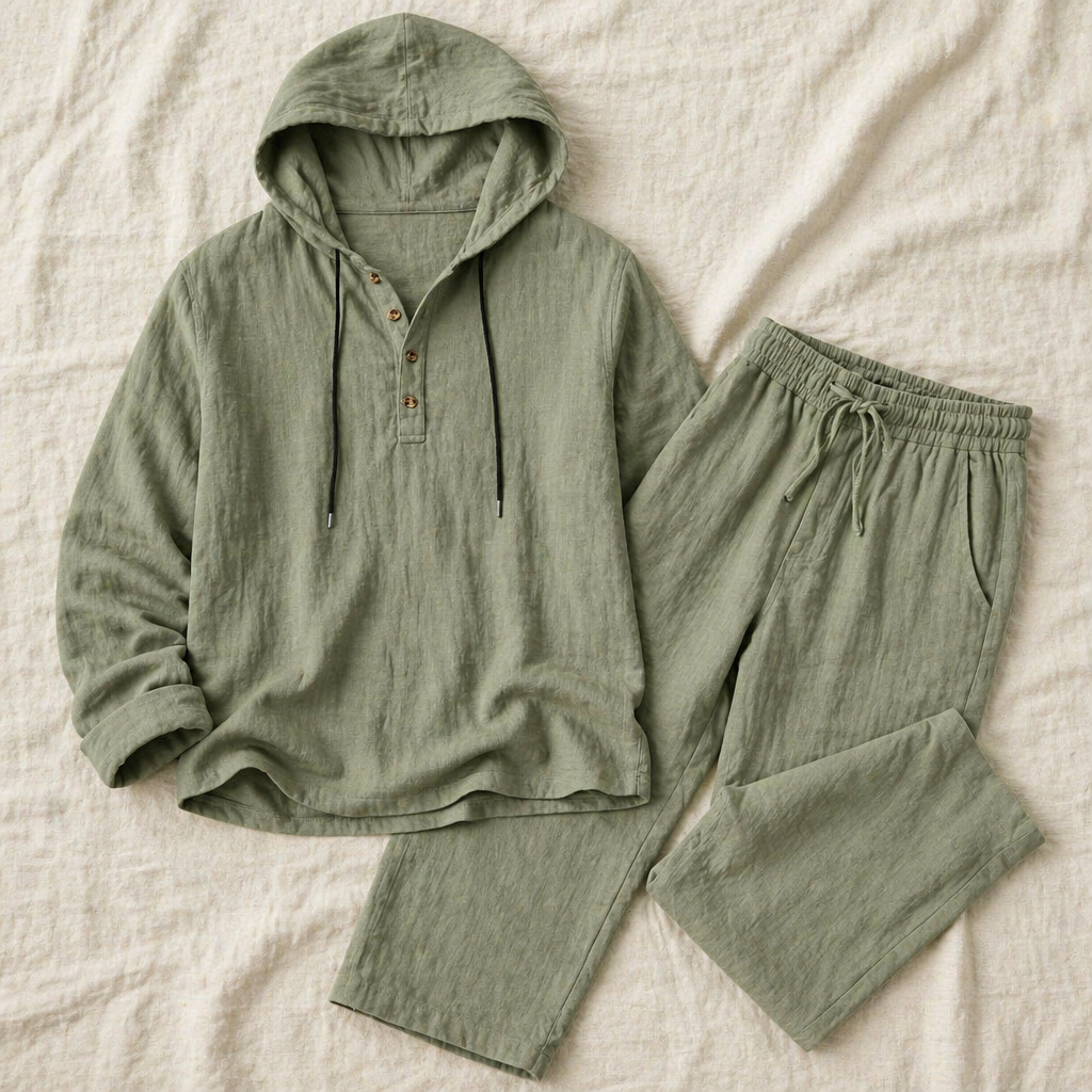 Drakescape™ – Casual Hooded Linen Henley Shirt & Pants Ensemble