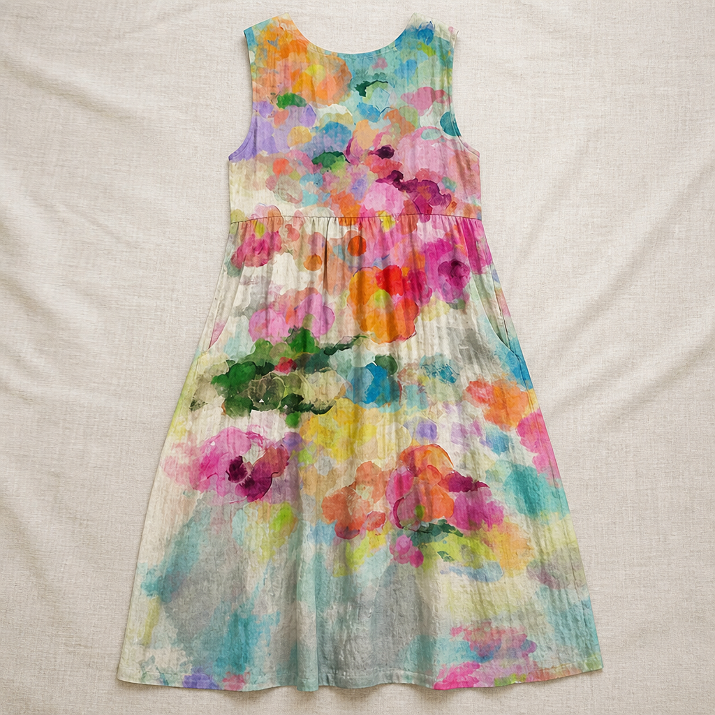 Radianta™ – Sleeveless Midi Dress with Watercolor Print and Side Pockets