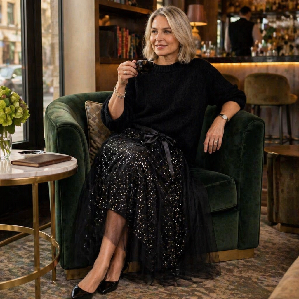 Soraya™ – Sparkling Sequin Tulle Midi Skirt & Soft Knit Sweater Set