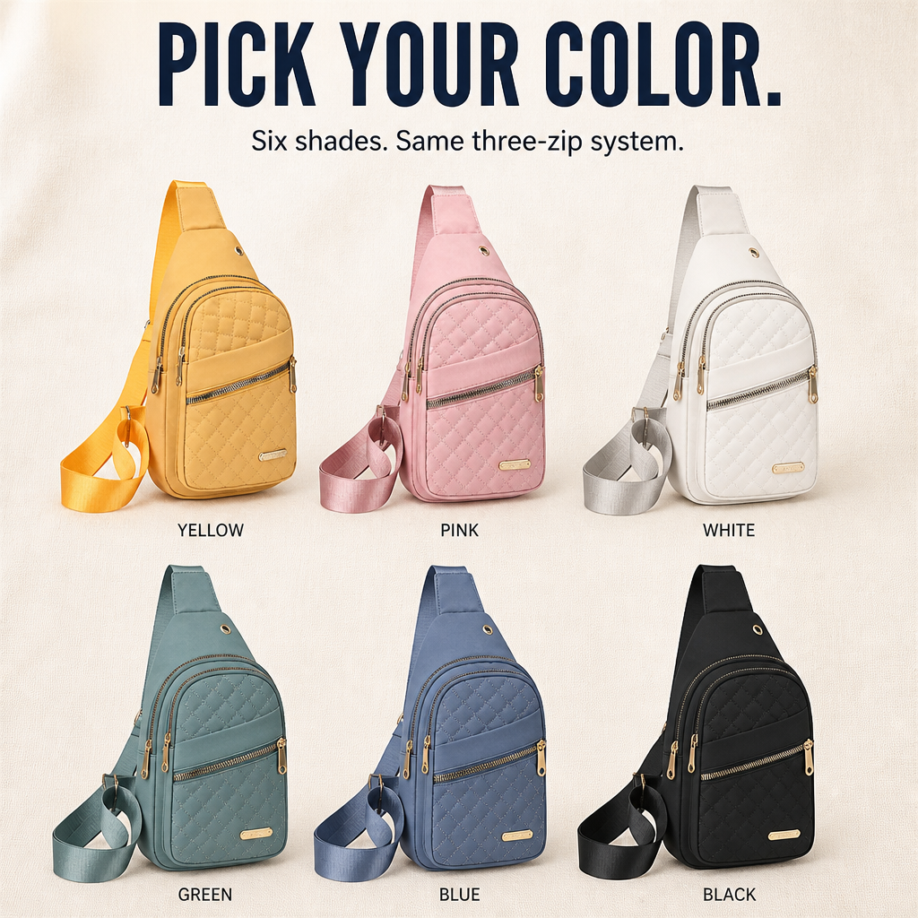 VertaCarry™ — Skip the Tote and Hold Your Day in Three Zip Pockets