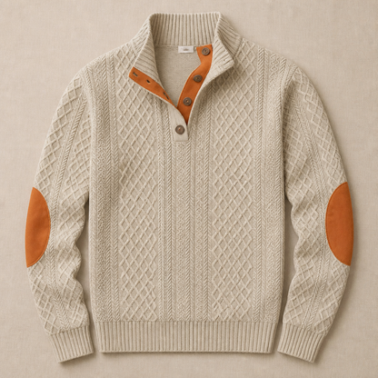 AtlasForge™ – Jacquard Textured Stand-Collar Sweater Featuring Elbow Patches