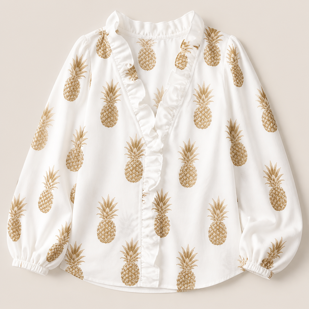FlairMist™ – Romantic V-Neck Ruffle Blouse with Lantern Sleeves