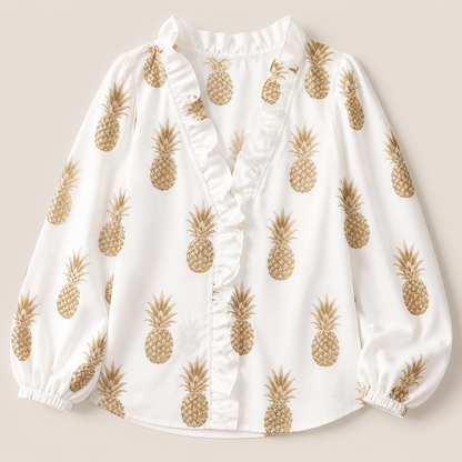 FlairMist™ – Romantic V-Neck Ruffle Blouse with Lantern Sleeves