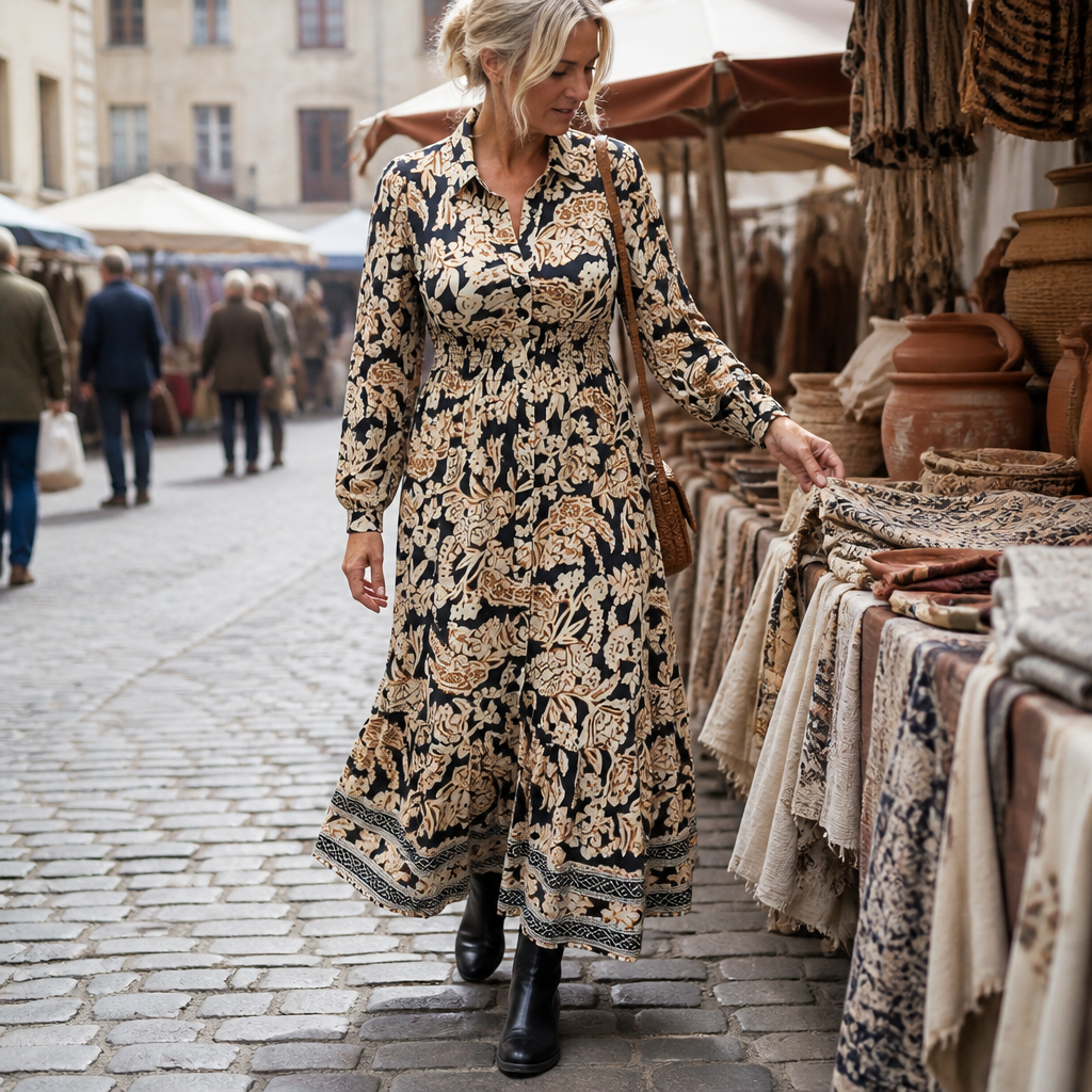 BloomAura™ – Retro Block-Print Shirt Dress Featuring Smocked Waist
