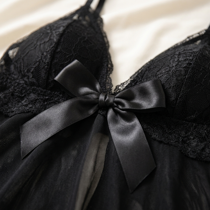 Soirée™ – Lace V-Neck Babydoll Set Featuring Sheer Mesh Skirt