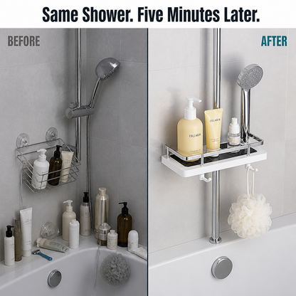 AquaNest™ — Snap a Single Adjustable Tray onto Your Shower Pipe, No Drilling