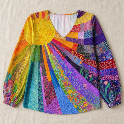 LuxeVera™ – Radiant Sunburst Patchwork V-Neck Top