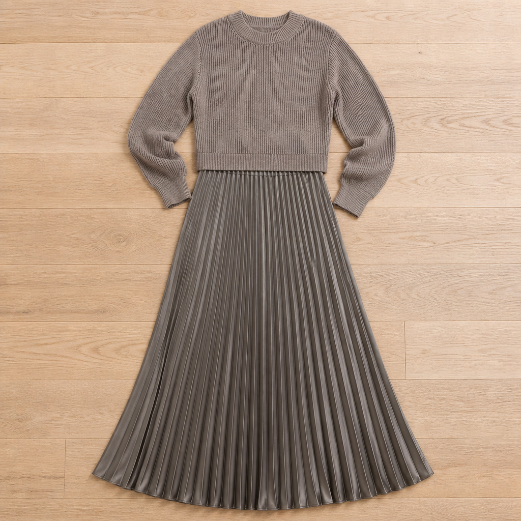 VelaLift™ – Stylish Pleated Maxi Skirt Set Paired with Cropped Knit Top