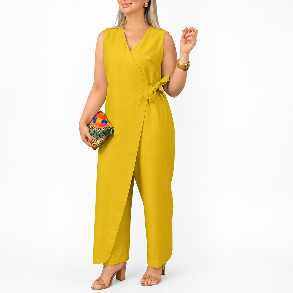 SereneSilhouette™ – Stylish Sleeveless Wrap-Front Jumpsuit with Side Tie