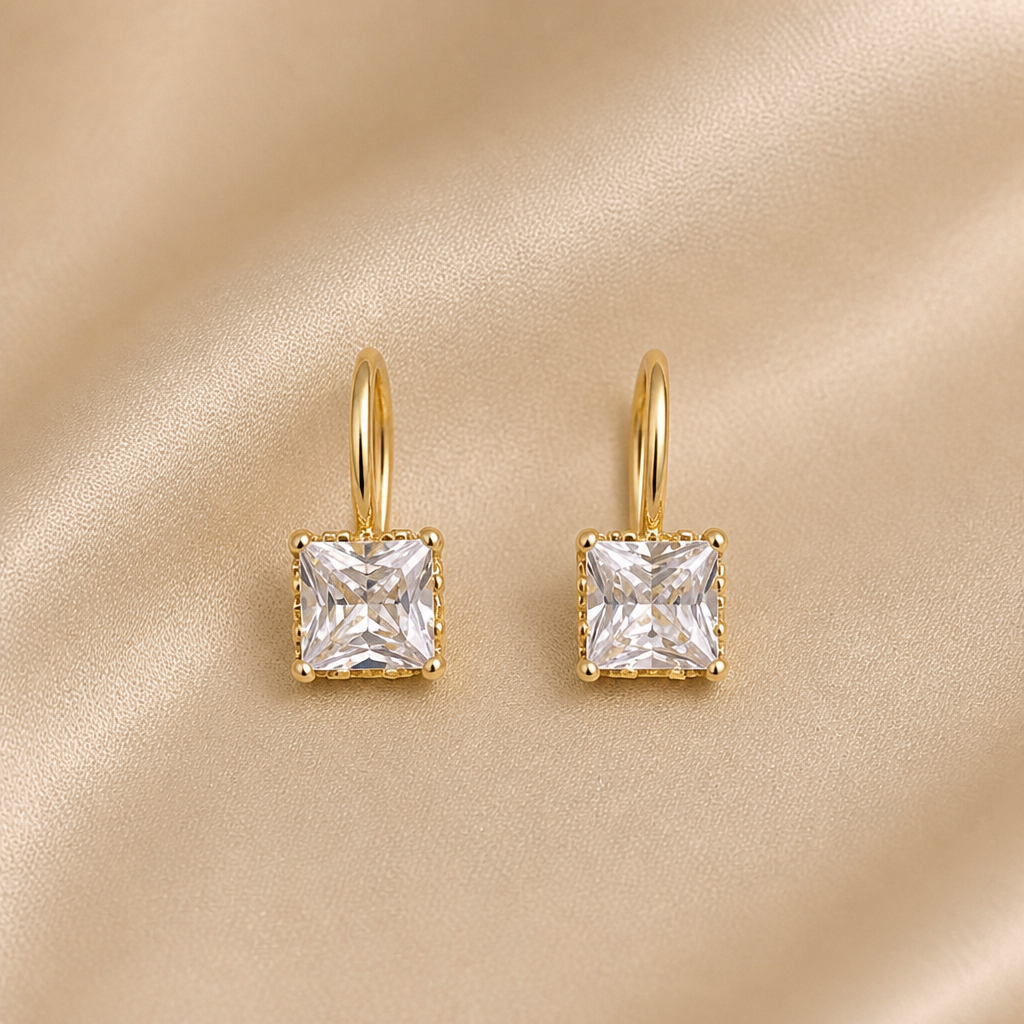 LumaLuxe™ – Delicate Square-Cut Crystal Dangle Earrings in Gold