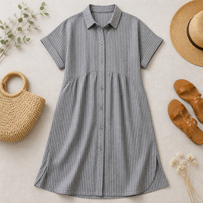LunaVerve™ – Airy Striped Midi Shirt Dress with Button Front