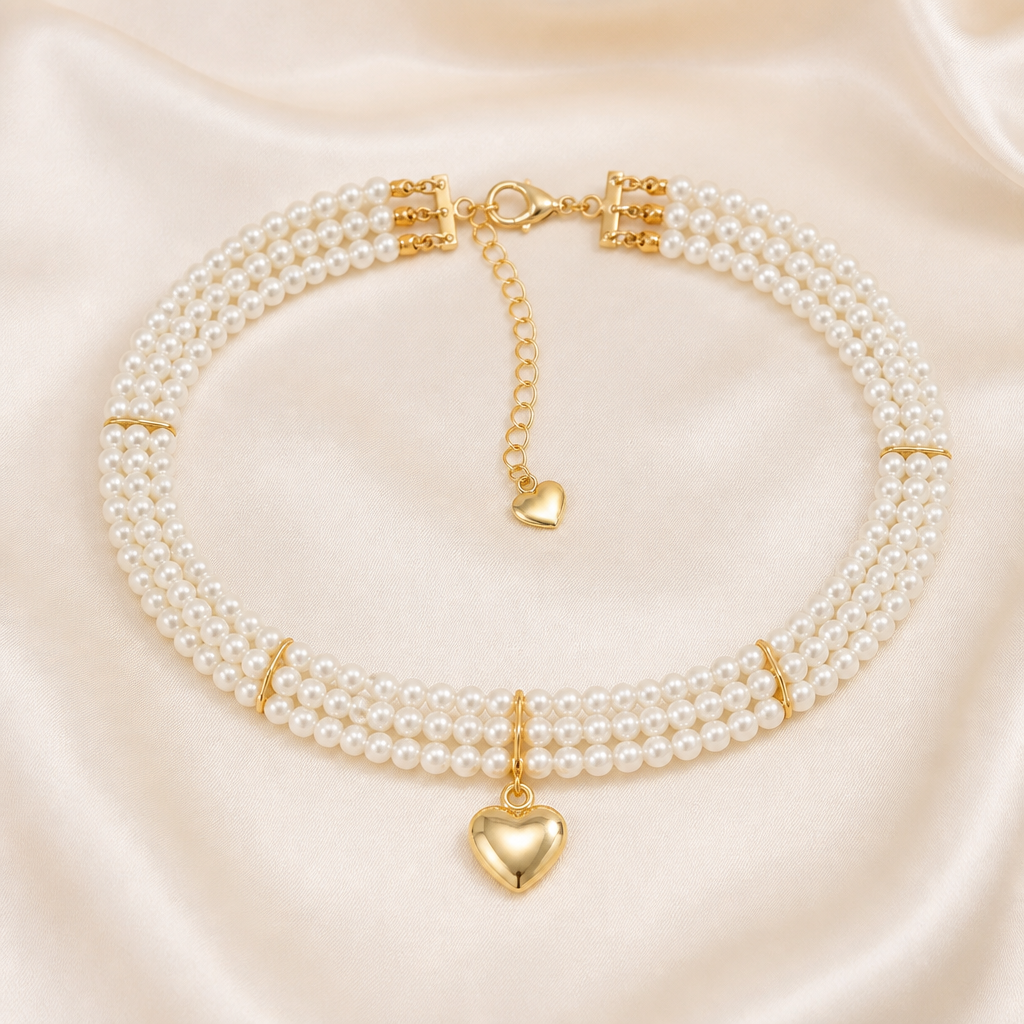 LumaLuxe™ – Elegant Triple-Strand Pearl Necklace with Gold Heart Charm