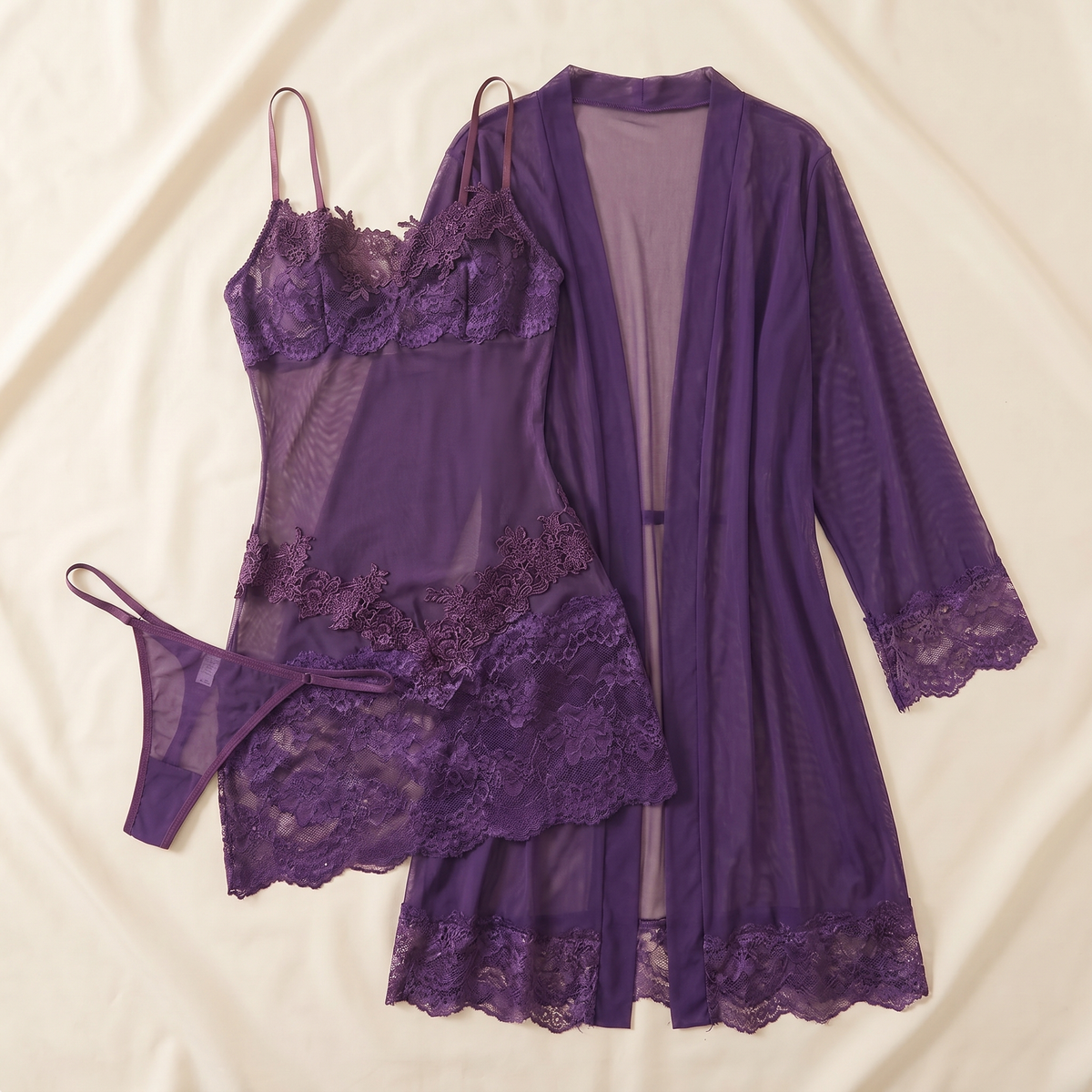 Enchantress™ – Delicate Floral Lace 3-Piece Lingerie Set with Sheer Mesh Robe