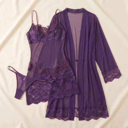 Enchantress™ – Delicate Floral Lace 3-Piece Lingerie Set with Sheer Mesh Robe