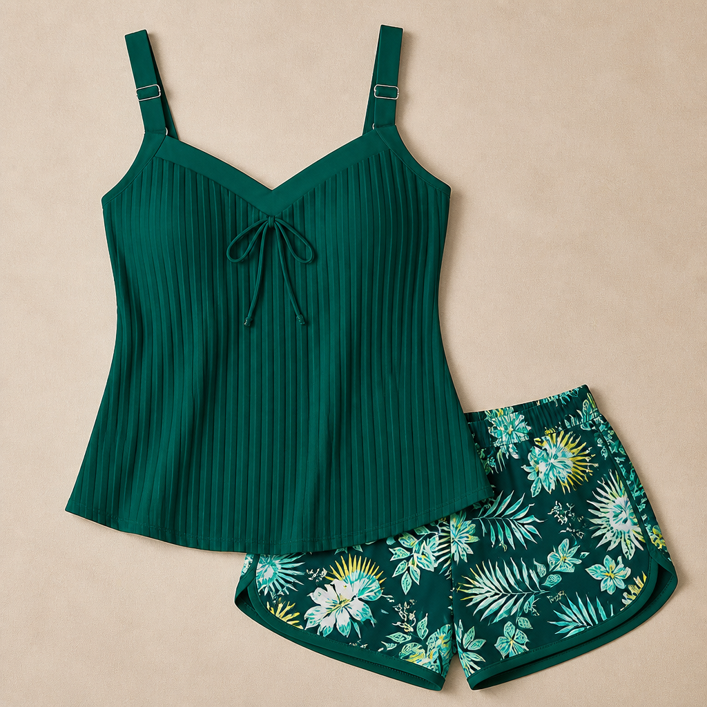 SoloraSway™ – Breezy Pleated Tankini with Coverage Shorts