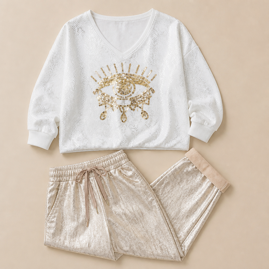 LumaDaze™ – Shimmering Metallic Pant Set with Sequin Evil Eye Top