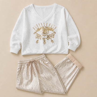 LumaDaze™ – Shimmering Metallic Pant Set with Sequin Evil Eye Top