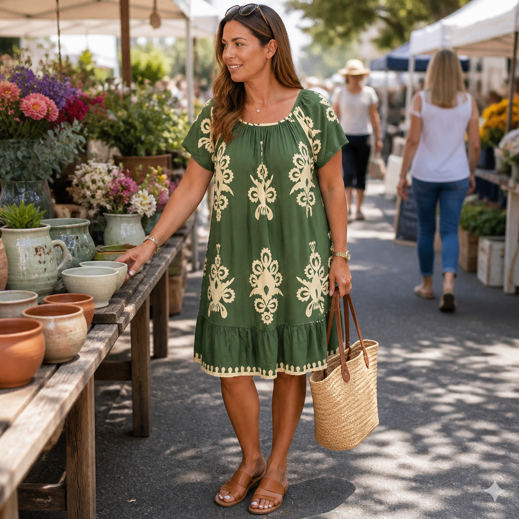 FlexiFit™ – Breezy Boho Patterned Midi Dress with Layered Hem