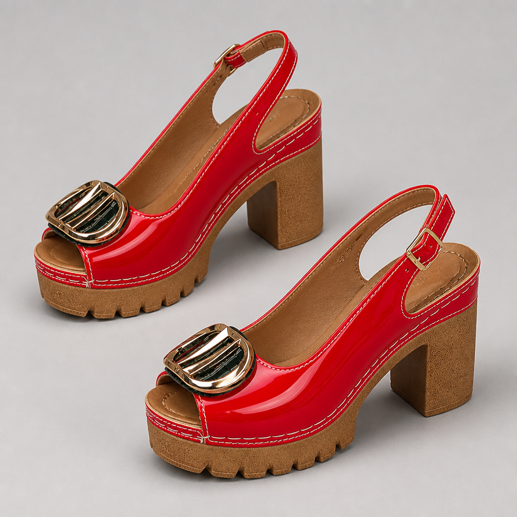 VivantaStrut™ – Striking Chunky Platform Slingback Heels with Golden Buckle