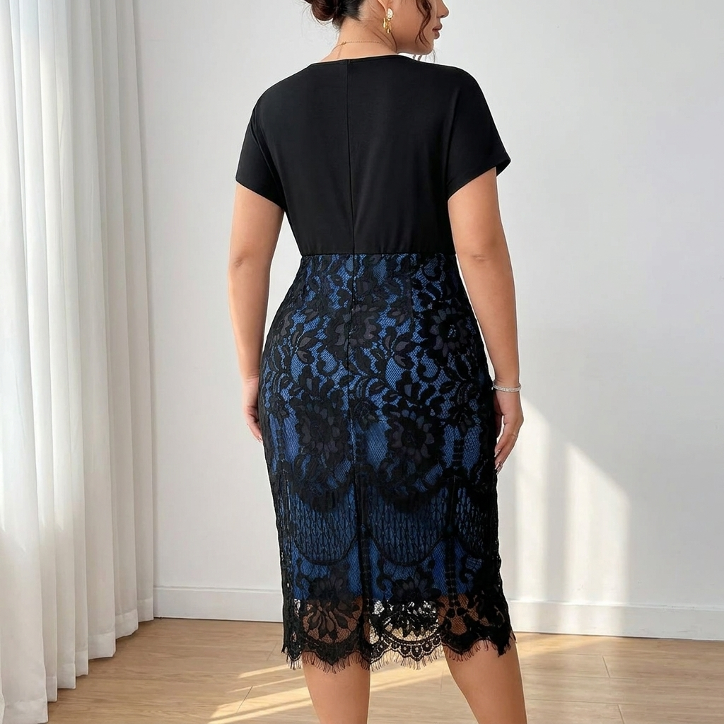 AriaLuxe™ – Lace Midi Dress with V-Neck Wrap Bodice, Curve-Enhancing