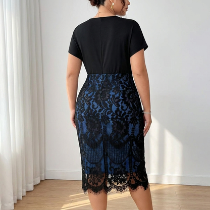 AriaLuxe™ – Lace Midi Dress with V-Neck Wrap Bodice, Curve-Enhancing