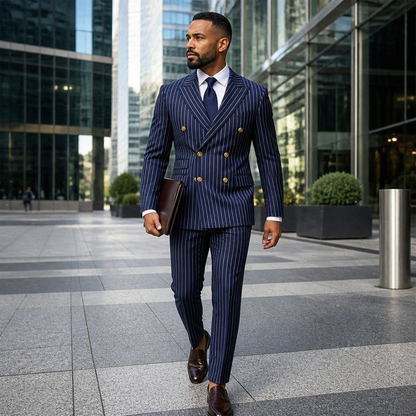 Voltura™ – Double-Breasted Pinstripe Suit with Peaked Lapels