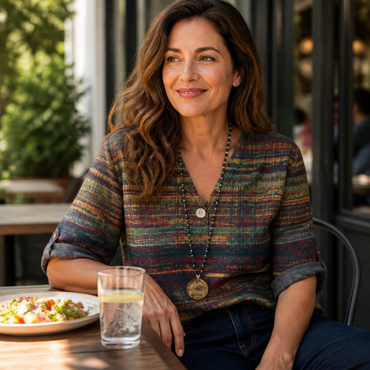 LuminaBelle™ – Retro Print V-Neck Blouse Featuring Rolled Cuff Sleeves