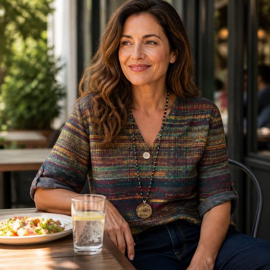 LuminaBelle™ – Retro Print V-Neck Blouse Featuring Rolled Cuff Sleeves
