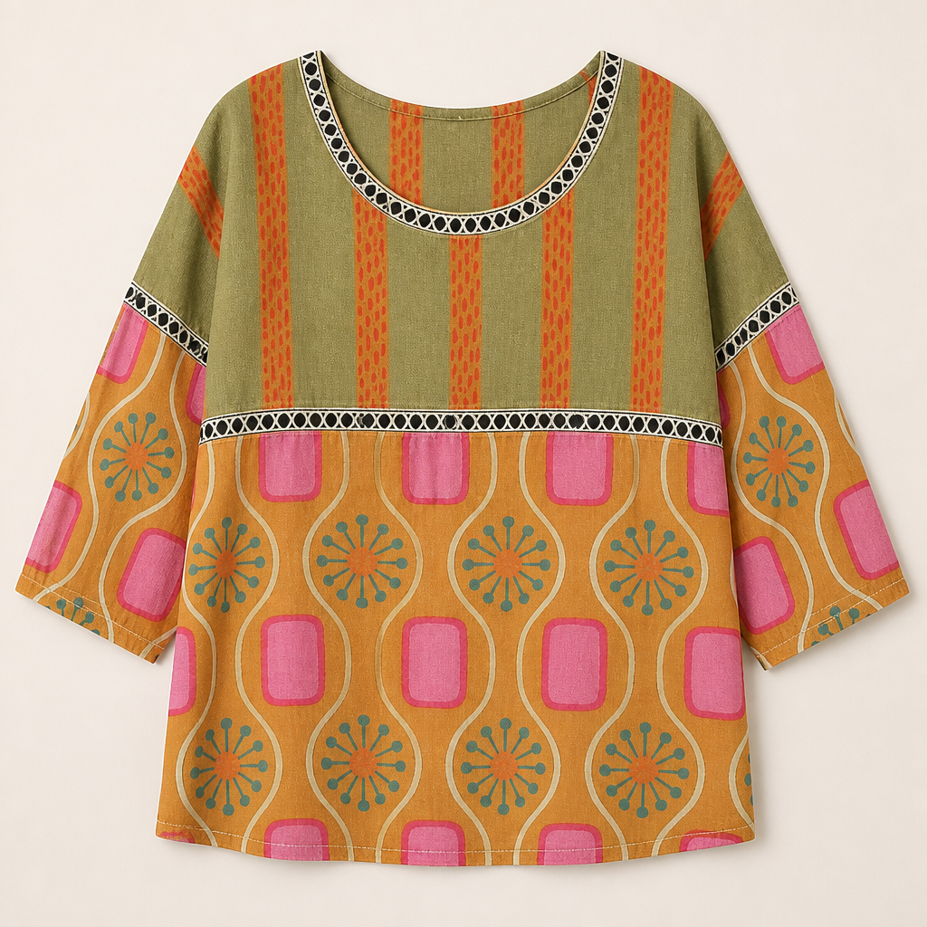 VivaLuxe™ – Boho Mixed-Print Loose-Fit Top with Three-Quarter Sleeves