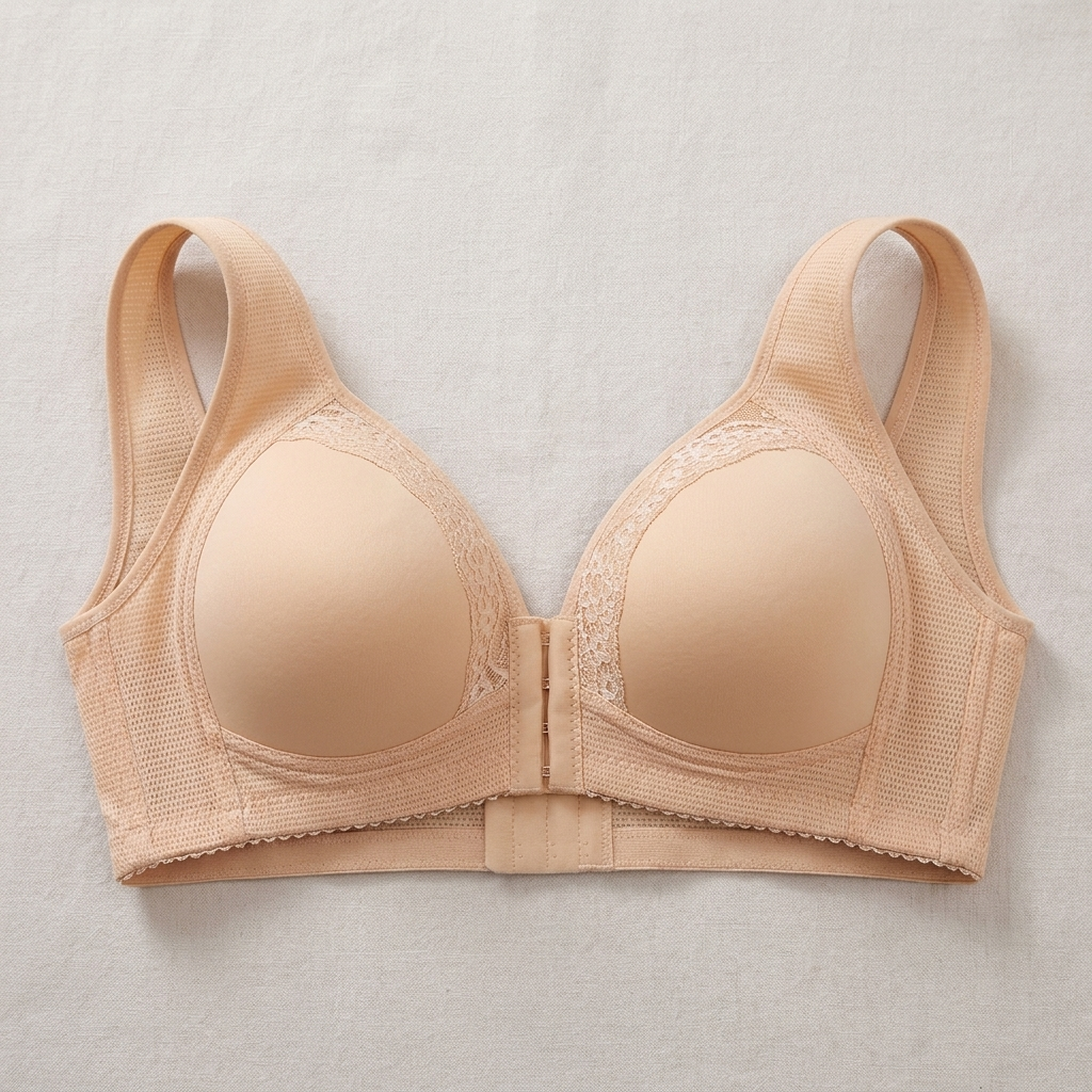 VivaFemme™ – Lace-Accented Wireless Bra with Front Closure