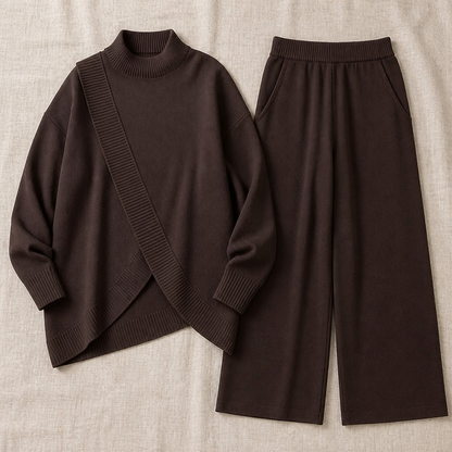 CelestiaKnit™ – Asymmetric Oversized Knit Set with Wide-Leg Trousers