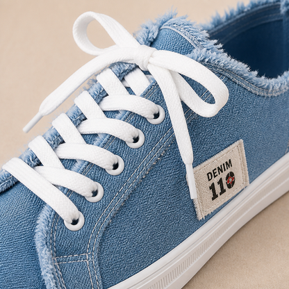 StridePulse™ – Casual Denim Mules with Frayed Edge Sneakers