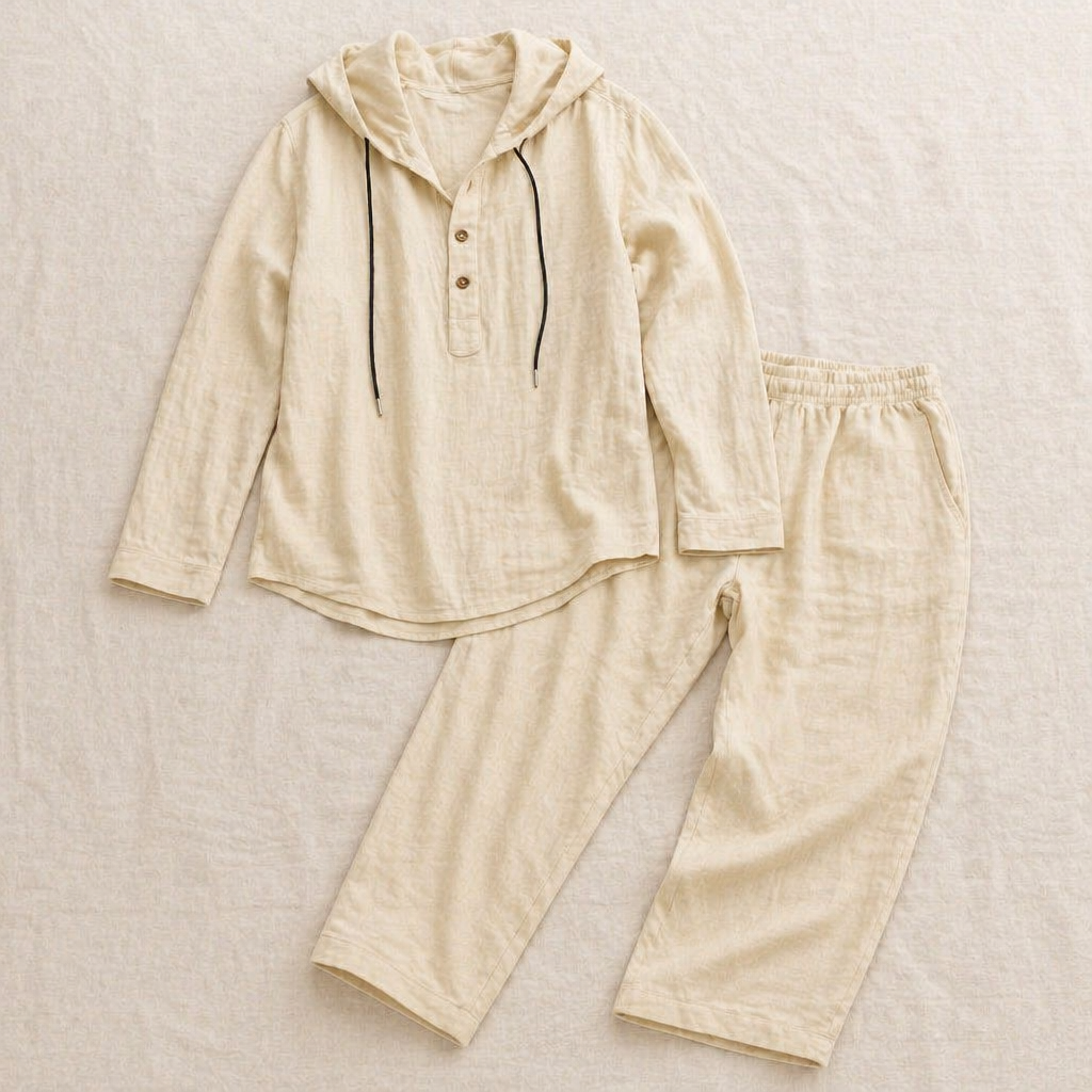 Drakescape™ – Casual Hooded Linen Henley Shirt & Pants Ensemble