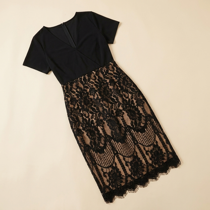 AriaLuxe™ – Lace Midi Dress with V-Neck Wrap Bodice, Curve-Enhancing