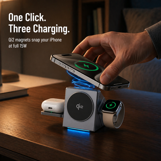 ChargeFlow™ — Clip Your iPhone, Watch & Headsets Onto Single Foldable Qi2 Stand