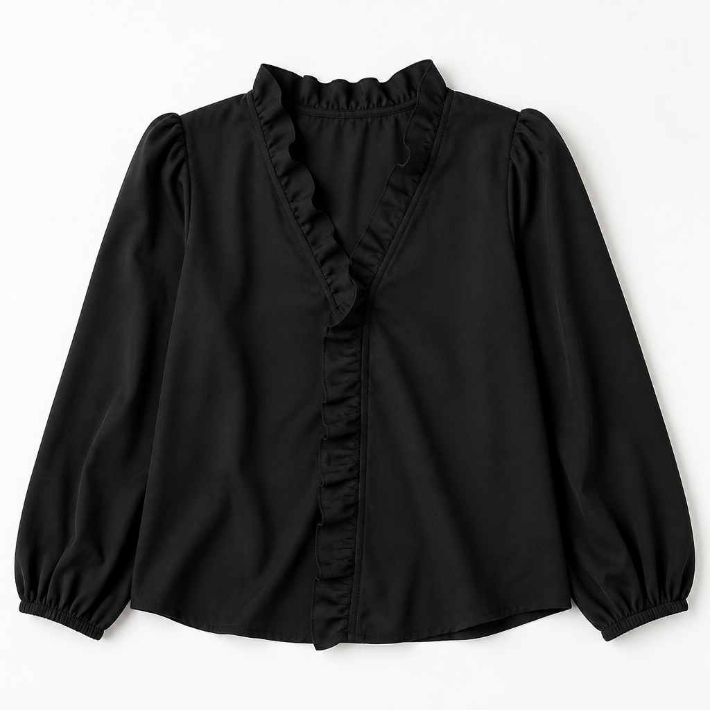 FlairMist™ – Romantic V-Neck Ruffle Blouse with Lantern Sleeves