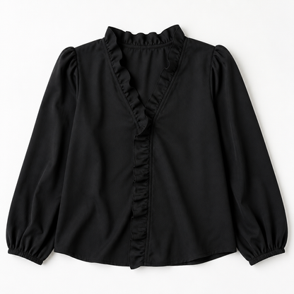 FlairMist™ – Romantic V-Neck Ruffle Blouse with Lantern Sleeves