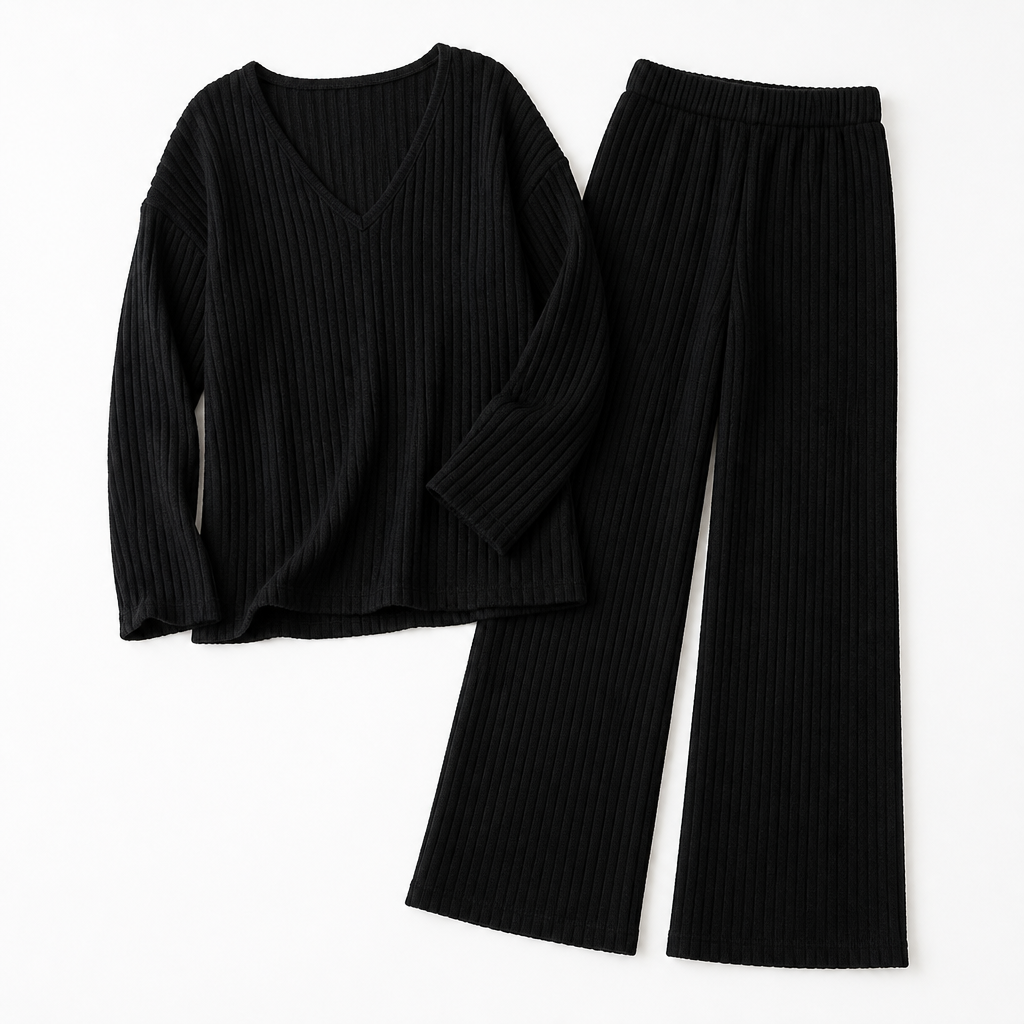 Serelis™ – Cozy Ribbed V-Neck Lounge Set with Wide-Leg Trousers