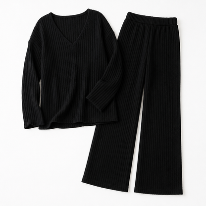 Serelis™ – Cozy Ribbed V-Neck Lounge Set with Wide-Leg Trousers